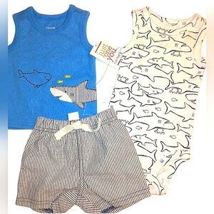 Adorable Newborn CARTER'S Beach/Shark Theme Short Set☆Sleeveless/Stripe Shorts♡